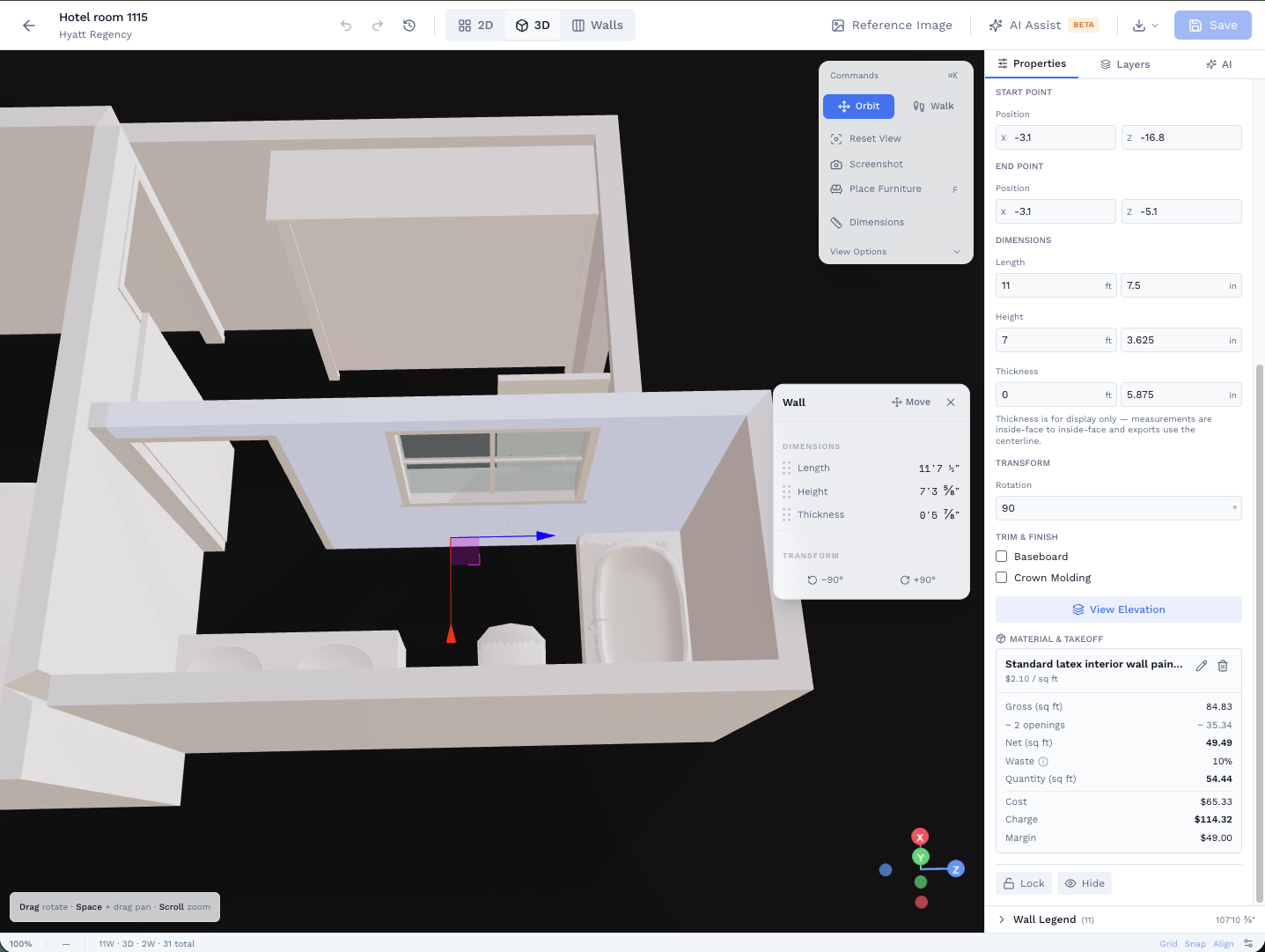 3D view of a room with paint material applied